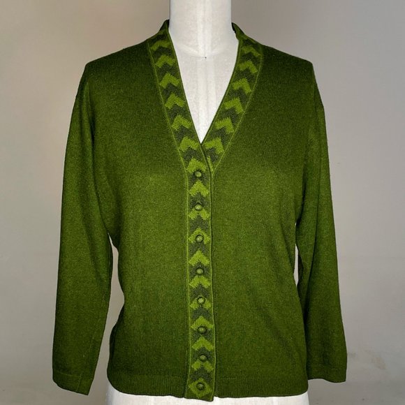 Vintage Ballantyne of Peebles 100% Pure Cashmere Green Chevron Cardigan Sweater - Picture 1 of 9